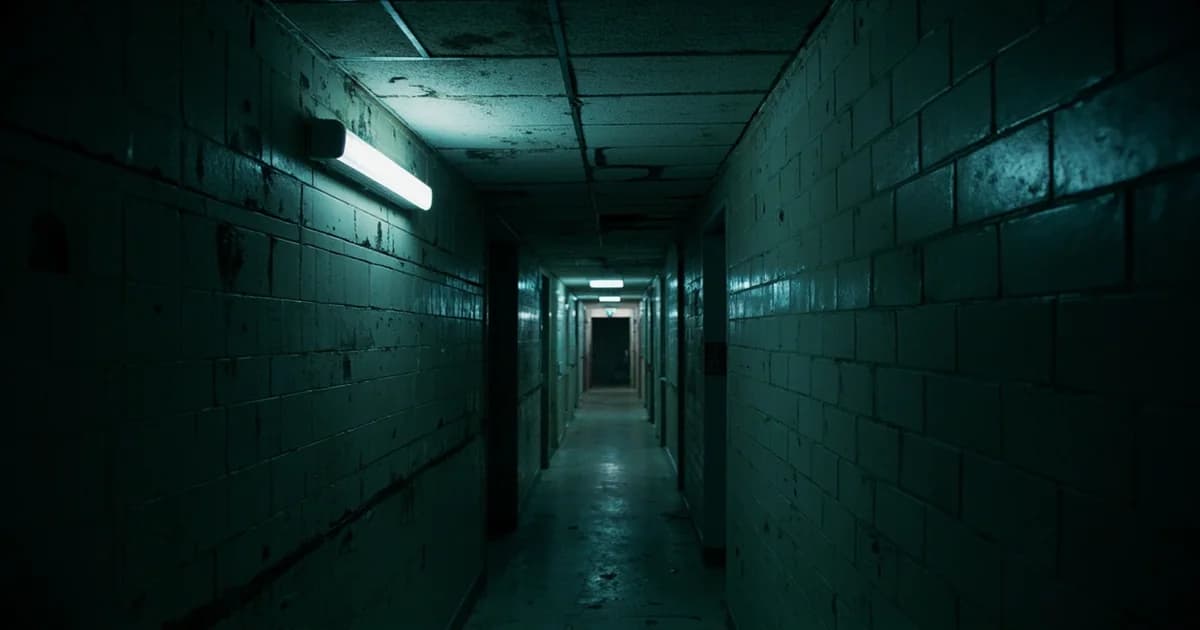 Empty Philadelphia school hallway with peeling paint, flickering fluorescent light, and stained ceiling tiles.
