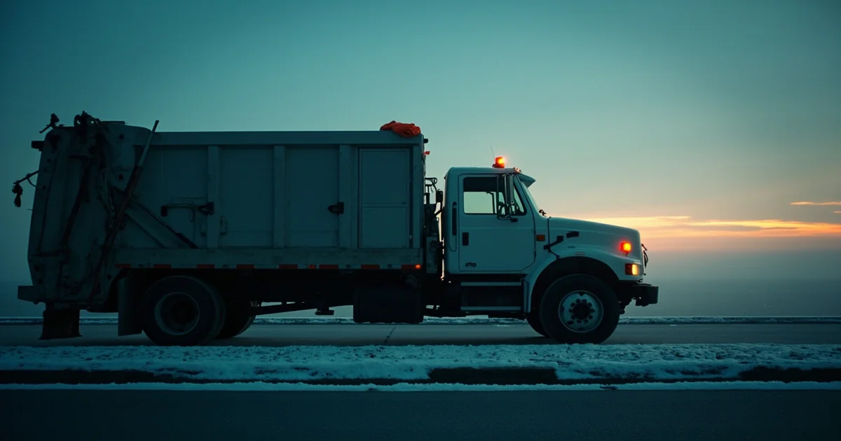Sanitation truck parked on empty Philadelphia avenue at dawn, frosted curb, single orange glove on hood.