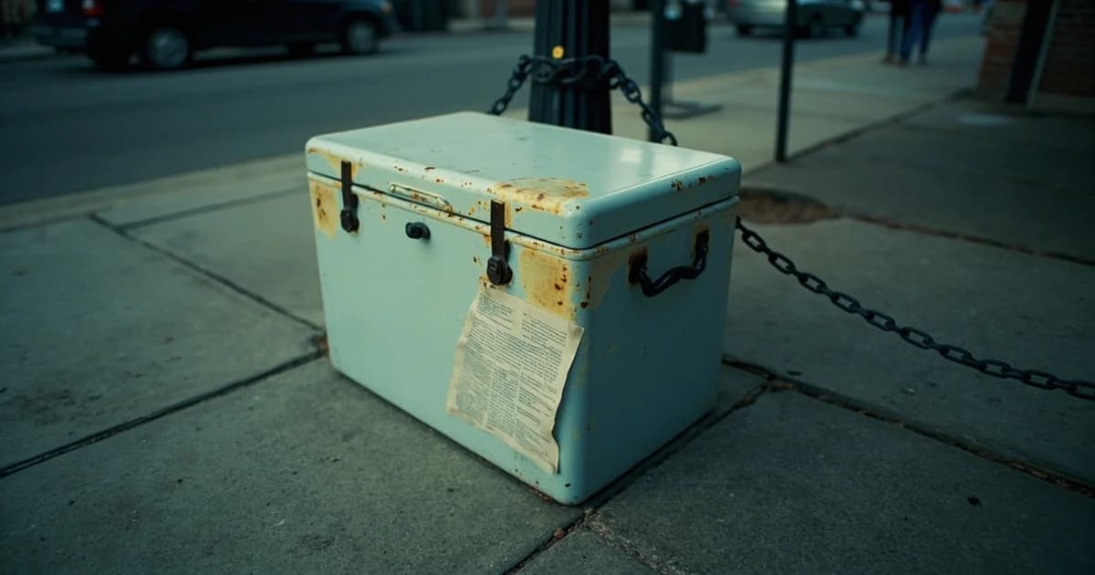 Rusted antique icebox chained to a parking meter on a Philadelphia sidewalk.