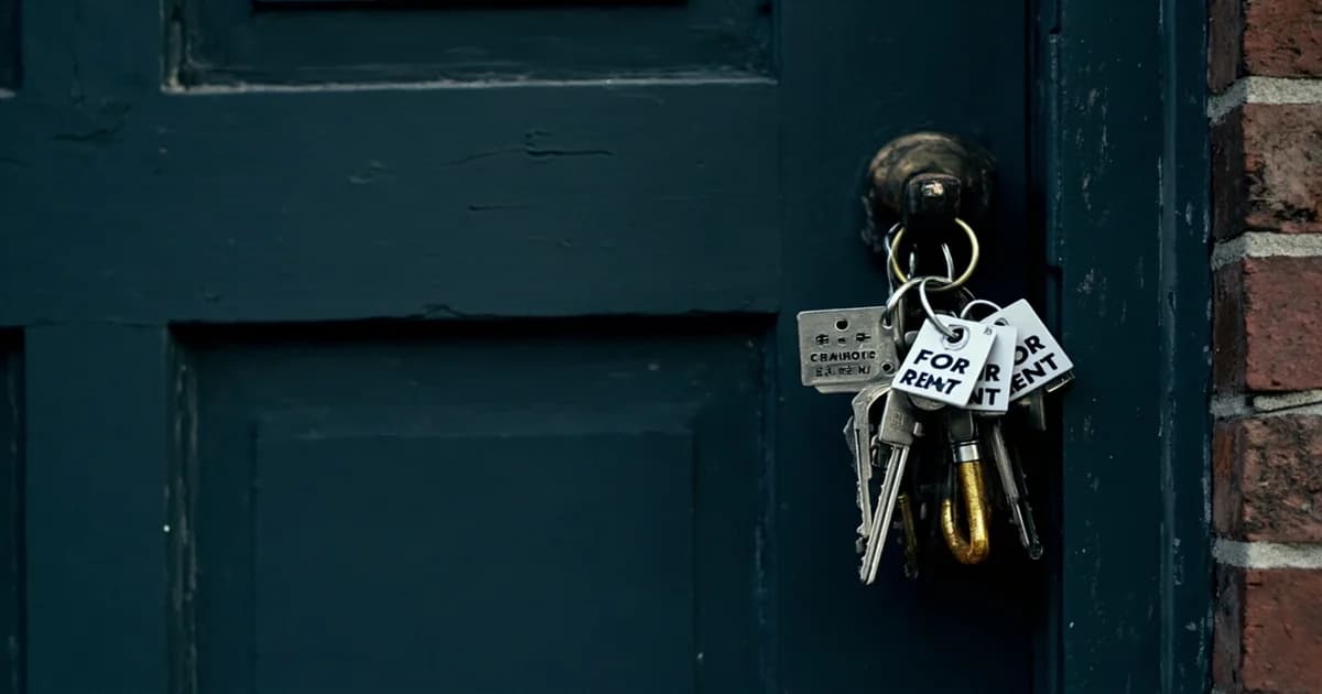 Rowhouse door with identical for-rent keys hanging from a lock, one key highlighted in amber.