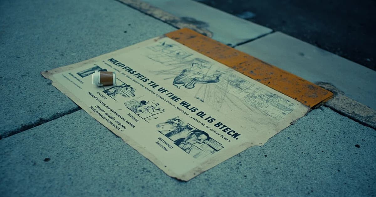Weathered Philadelphia sidewalk with peeling vintage public-health poster and overturned paper cup.