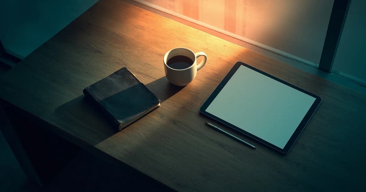 Overhead view of a worn executive desk with a closed notebook, coffee mug, and blank tablet under amber window light.