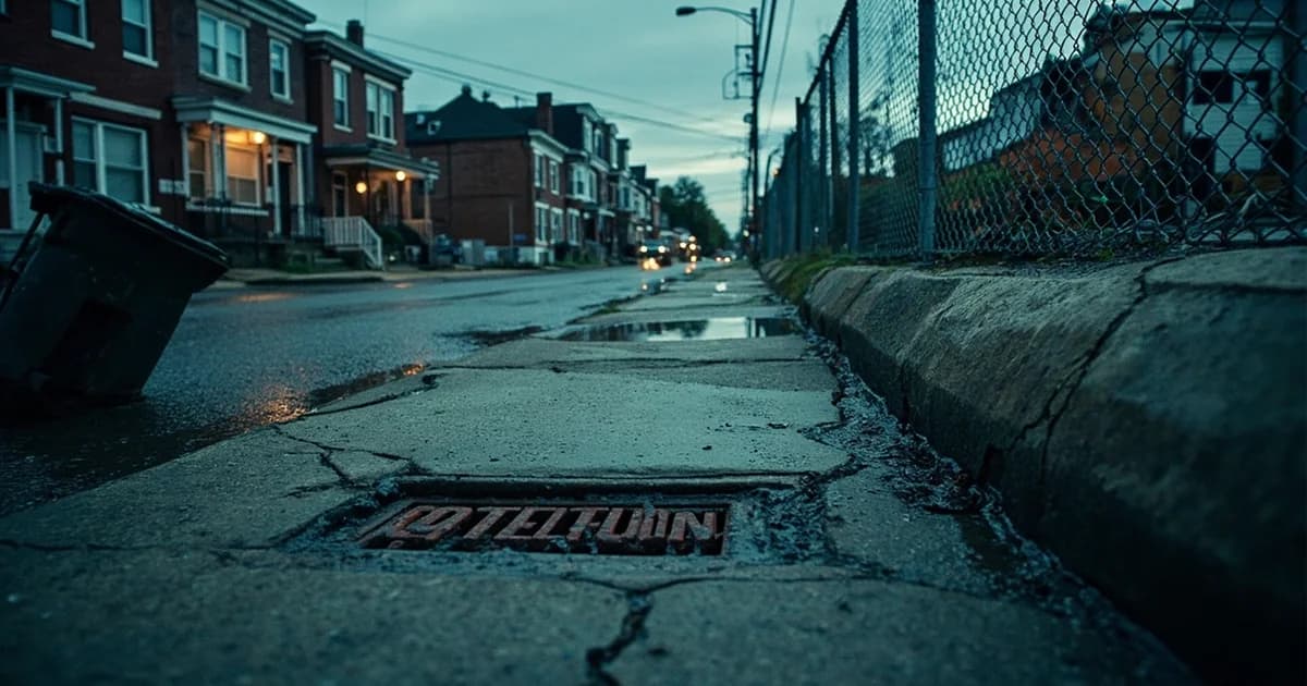 Flooded Philadelphia street with cracked asphalt, leaning fence, and an eroded concrete floodwall.
