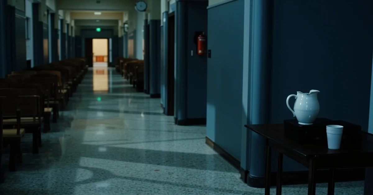 Vacant Philadelphia eviction court hallway with empty benches and a lone ceramic pitcher on a counsel table.