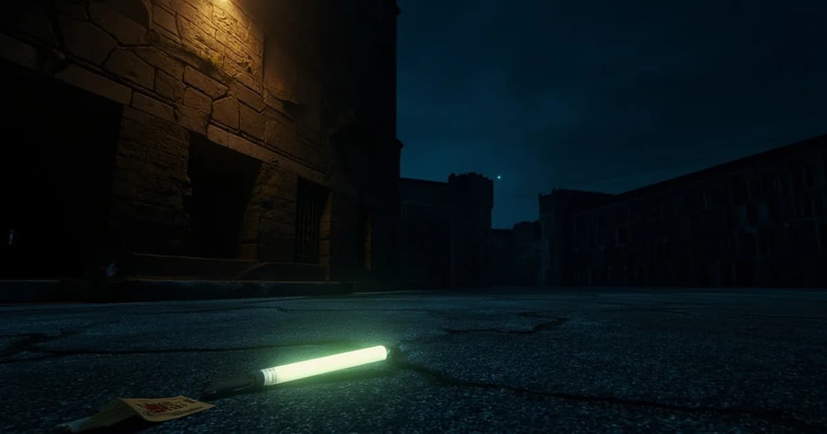 Eastern State Penitentiary facade at night with a glowing green glowstick and admissions ticket on pavement.