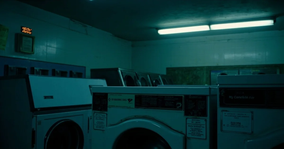Empty Philadelphia laundromat at night with coin machines and a faded wall clock past midnight.