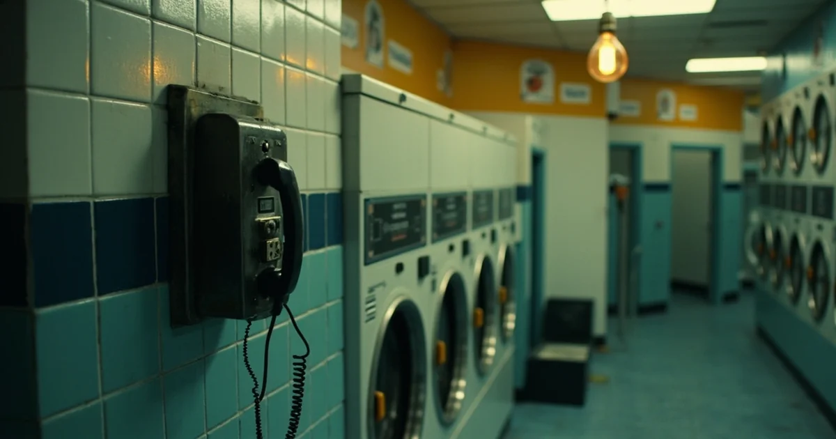 Disconnected payphone on a laundromat tile wall beside a row of empty dryers under an amber bulb.