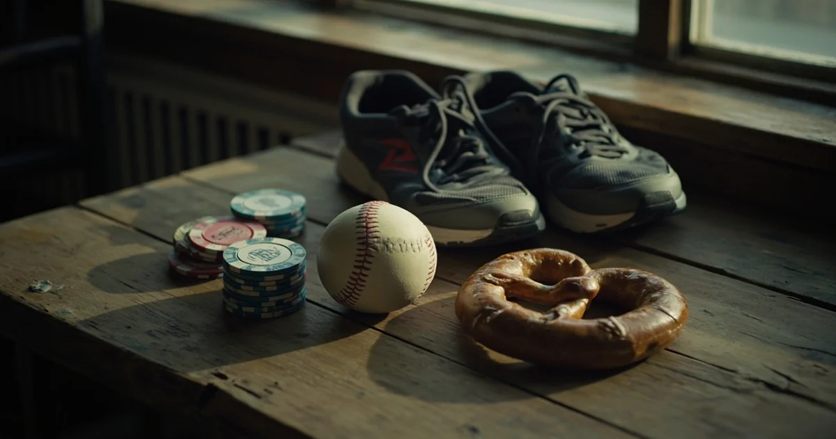 Wooden table with stacked poker chips, a baseball, running shoes, and a soft pretzel in soft window light.