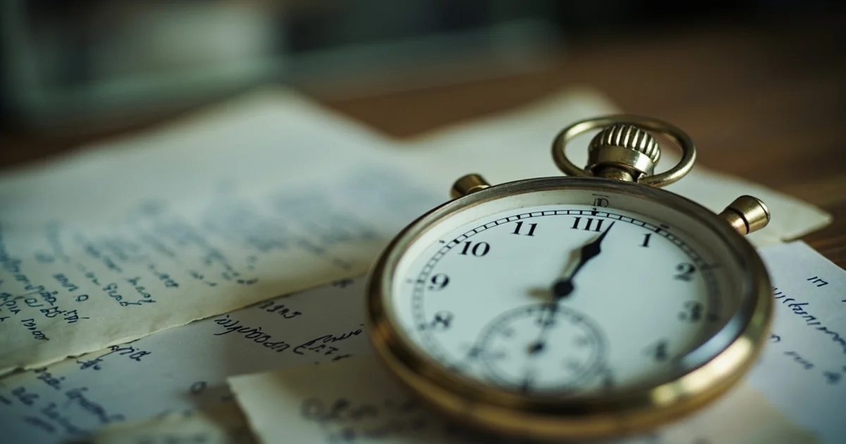 Vintage stopwatch frozen at one minute, resting on a pile of handwritten paper forms in blue ink.