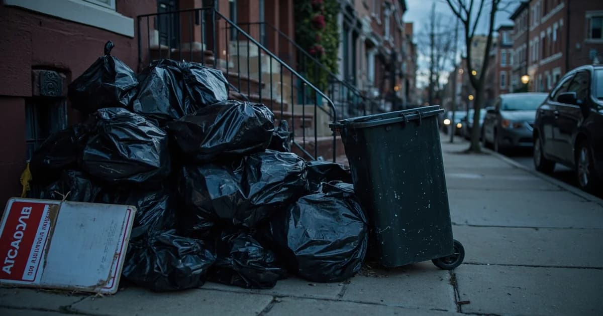 Piled black garbage bags at a Philadelphia rowhouse curb beside an overturned trash can and torn picket sign.