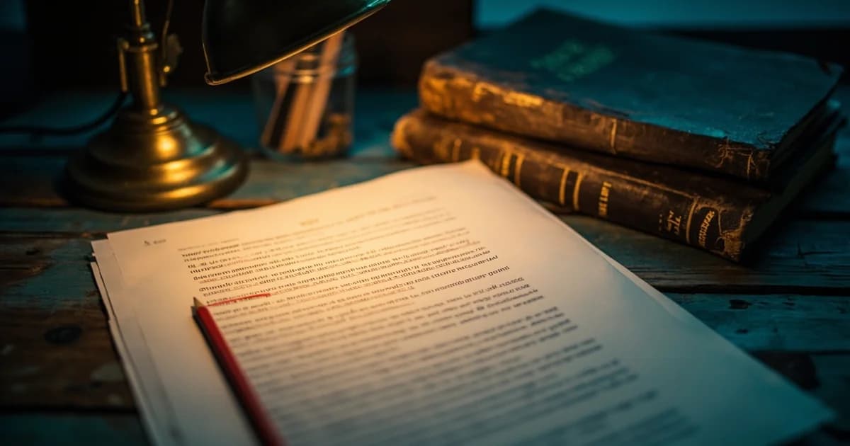 A desk lamp illuminates a marked-up page of dense marketing copy beside an old thesaurus and jar of pencils.