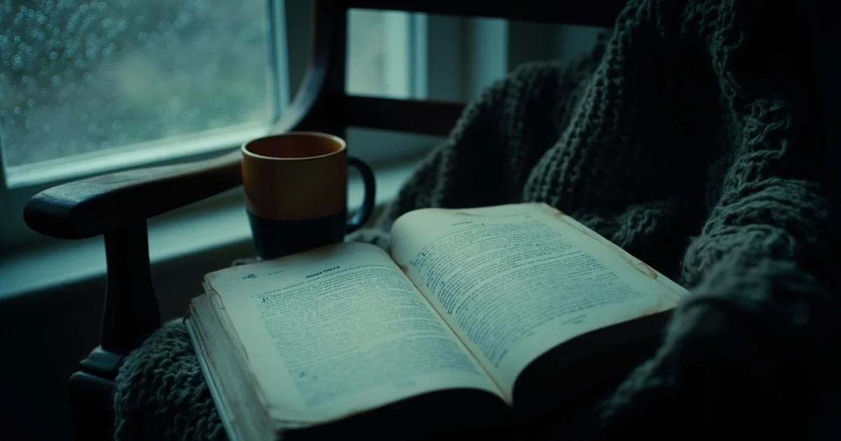 An open paperback of Moby Dick rests on a wooden chair beside a coffee mug and knit blanket.