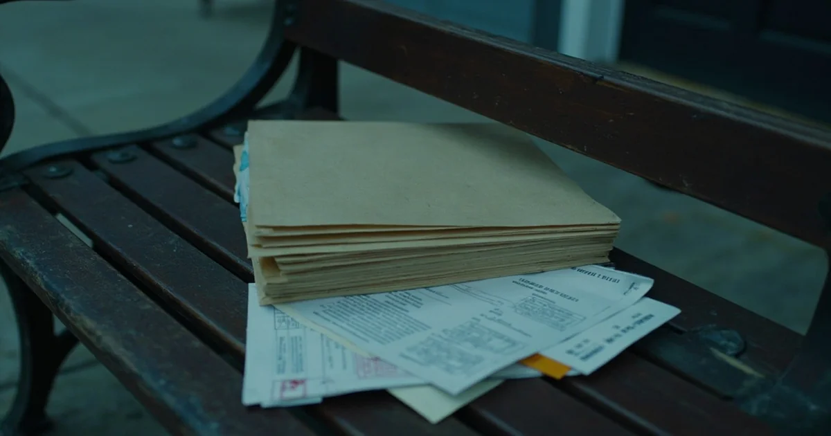A stack of court filings and stamped school-admission letters rests on a wooden bench.