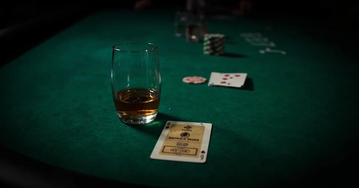 A green-felt poker table corner shows a bourbon glass, chip stack, and overturned cards.