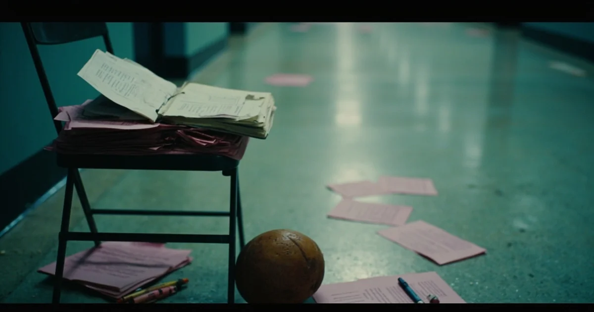 An open budget ledger sits beside pink slip notices on a metal chair in an empty school hallway.