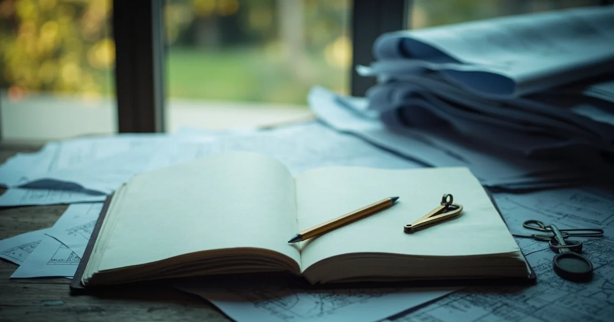 Open notebook, stacked blueprints, pencil, and compass on a worn wooden desk.