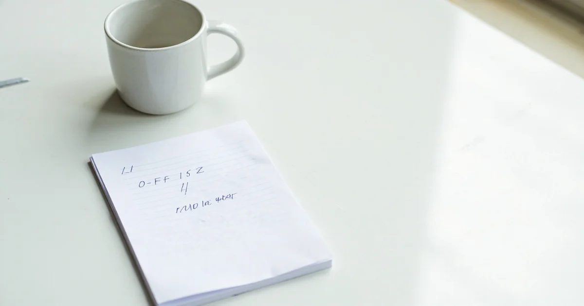 Plain white mug beside a notepad with one short rule written in blue ink.