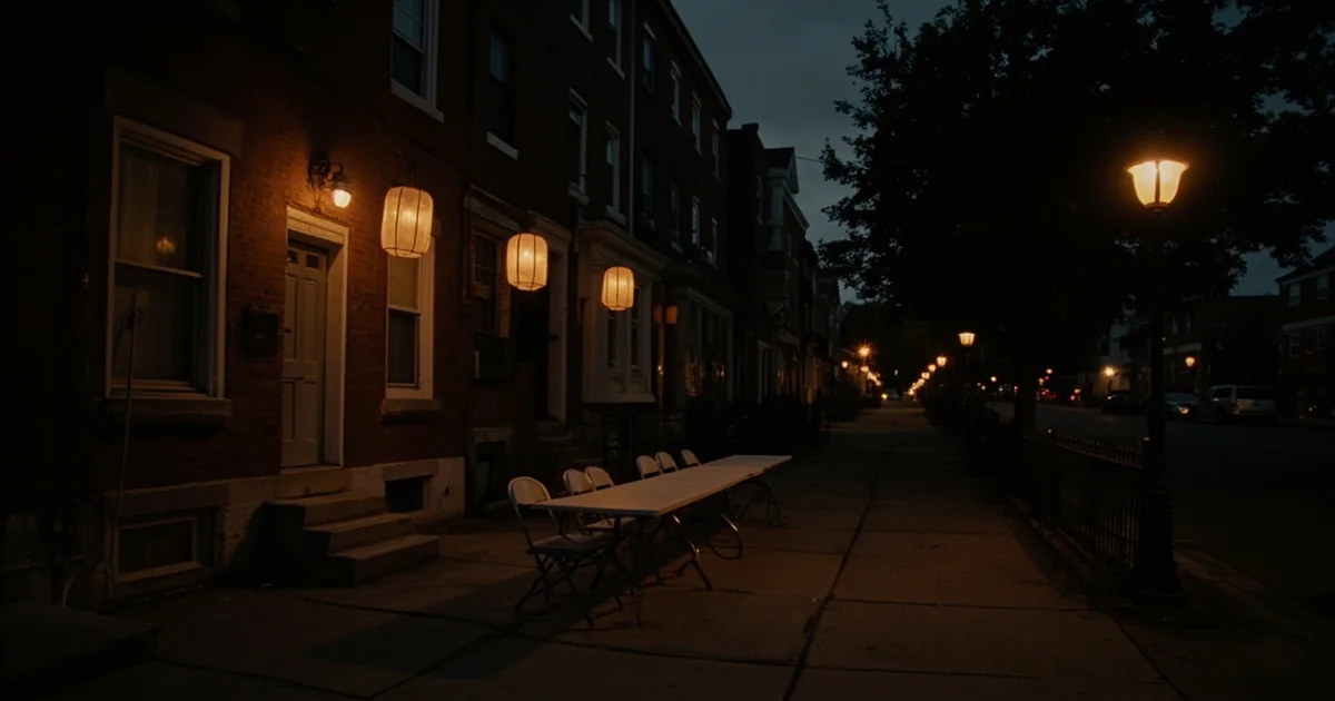 Philadelphia block with a folding table, empty chairs, and unlit paper lanterns overhead.