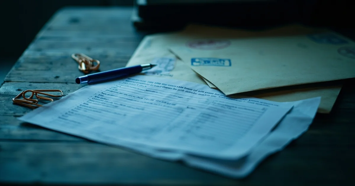 A torn Philadelphia school admissions form on a desk beside a closed stamped envelope and blue ink pen.