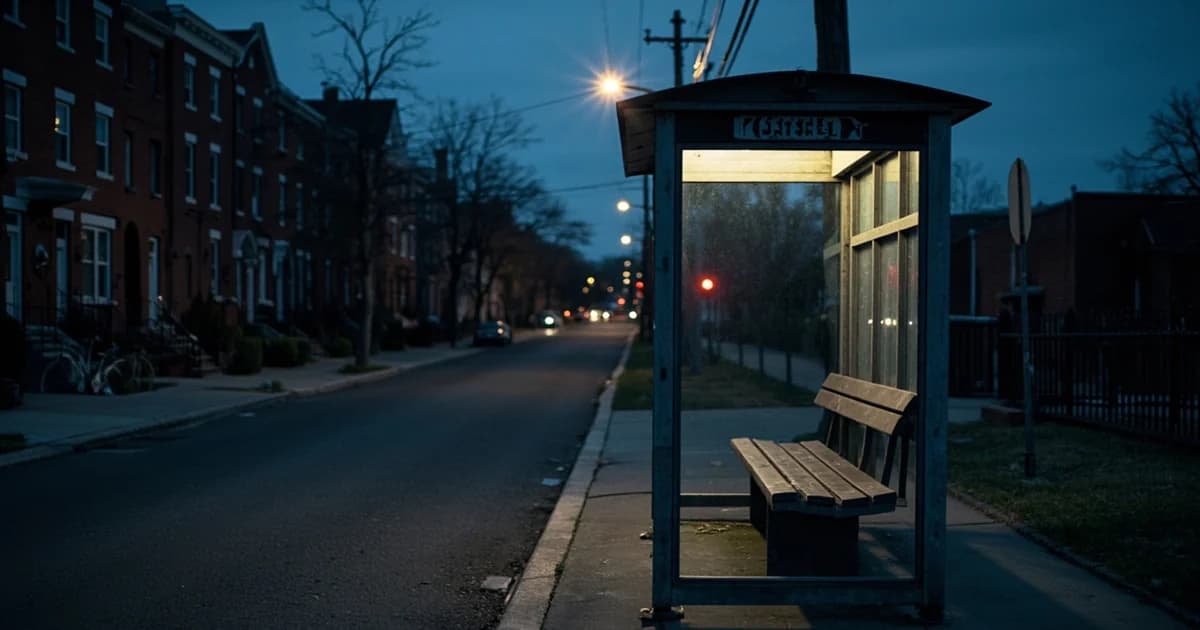 An empty bus stop shelter on a quiet West Philadelphia avenue at dusk under a single amber streetlamp.