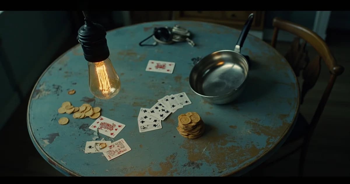 Scattered playing cards, stacked chips, and an overturned saucepan on a worn kitchen table.