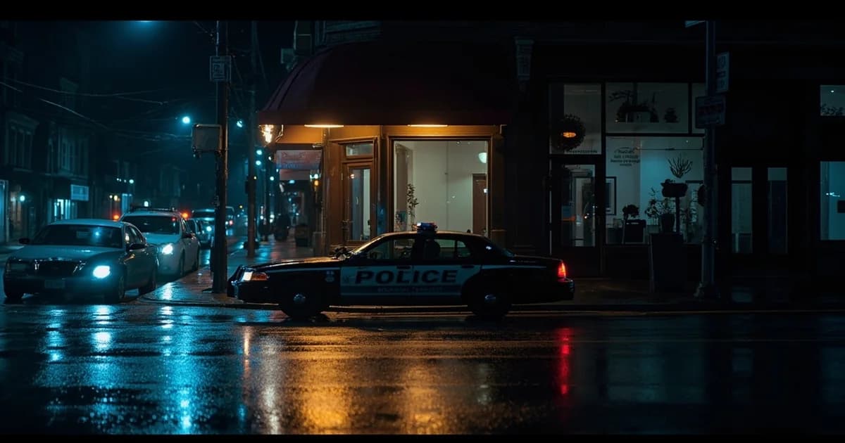 An empty police patrol car parked on a rain-slicked Philadelphia avenue at night.