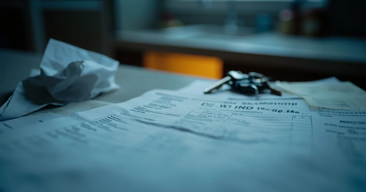 A curling tax withholding form beside a crumpled pay stub and house keys on a counter.