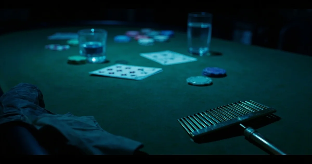Empty green-felt poker table with scattered chips, worn cards, a brass rake, and a half-empty glass under blue light.