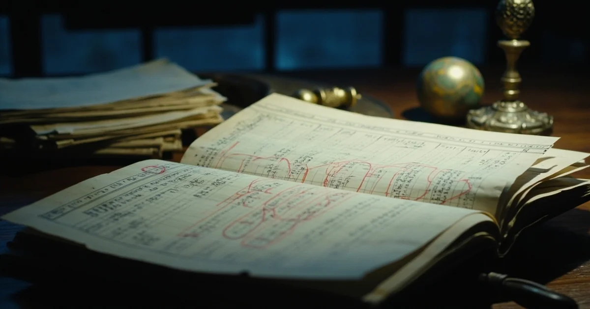 Open vintage Philadelphia tax ledger with circled figures, yellowed receipts, and a brass paperweight on a wooden desk.