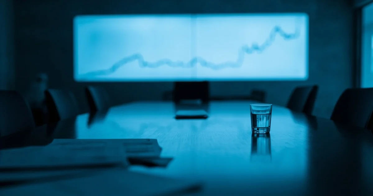 Dim conference table reflecting a plunging valuation chart on the wall, with scattered financial printouts and an empty glass.