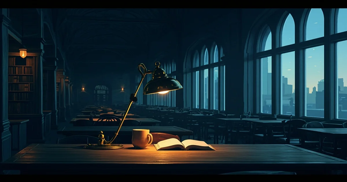 Empty library reading room at dusk, arched windows glowing blue, single lamp casting warm amber light on a closed book.