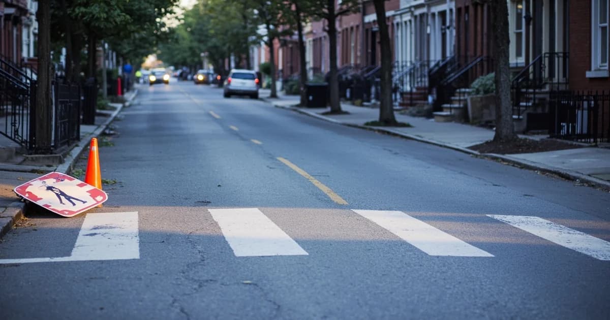 Wide multi-lane Washington Avenue crosswalk with an orange cone and folded pedestrian sign near the curb.