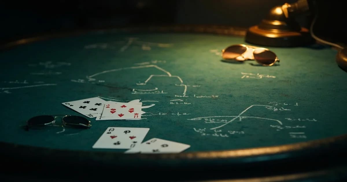 Worn green felt poker table with cards and a pair of aviator sunglasses under a desk lamp, faint probability diagrams above.