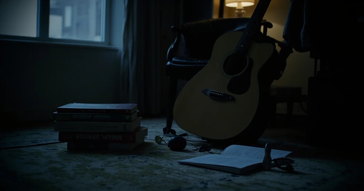 Acoustic guitar leaning against a chair with three beginner method books stacked on the floor and a dropped tuner.