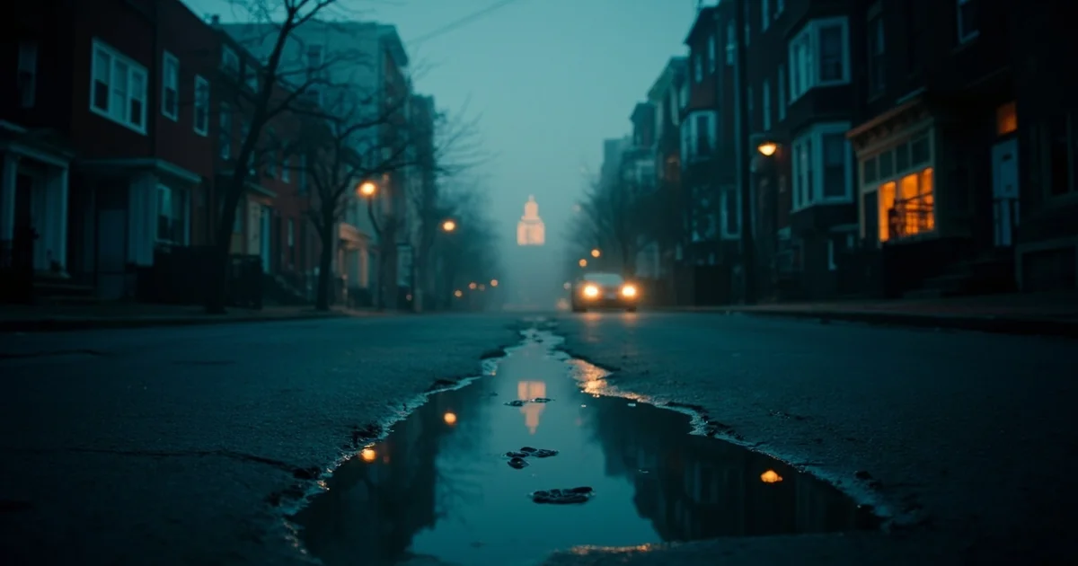 Deserted Philadelphia avenue at blue hour with row houses and a distant glowing casino marquee, footprints crossing a wet sidewalk.