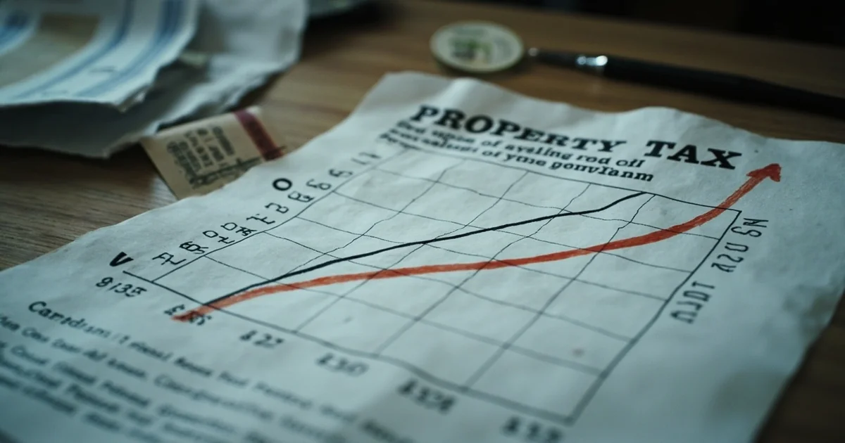 Torn property-tax bill on a kitchen table with a hand-drawn fee curve, an expired food-stamp card and folded W-2 beside it.