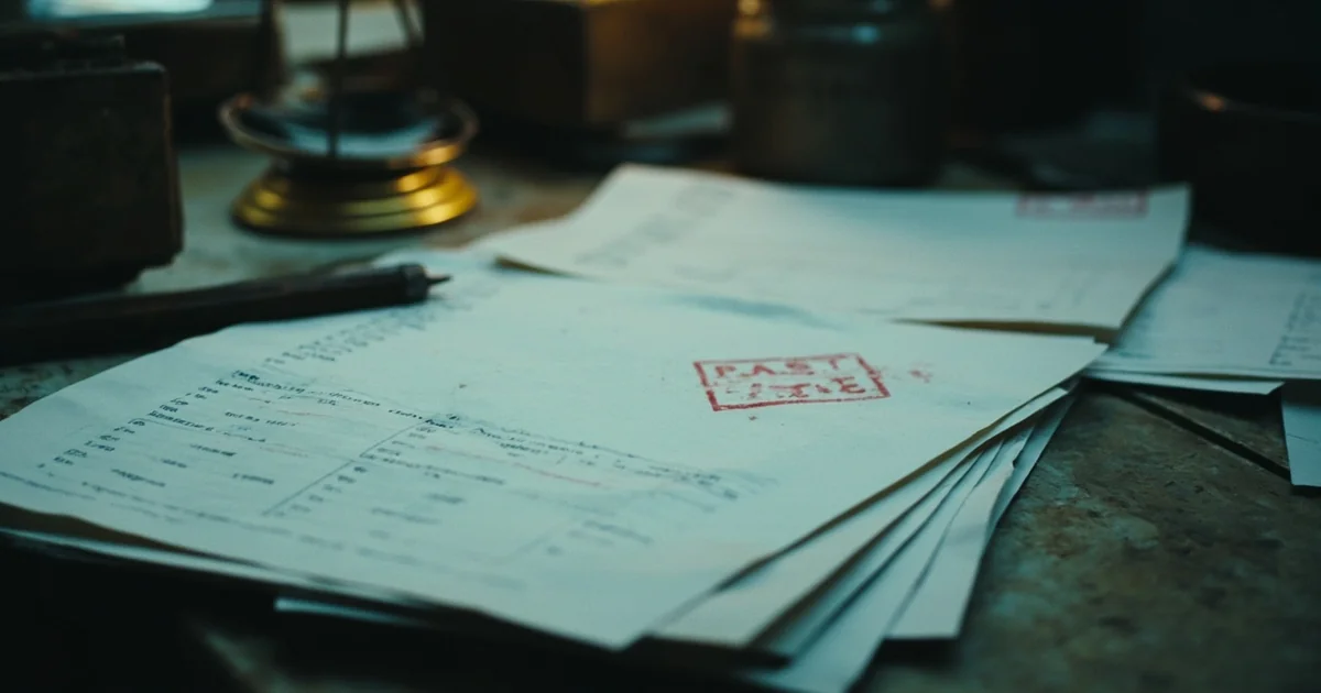 Stack of late municipal contracts with a past-due stamp, scattered across a worn desk.