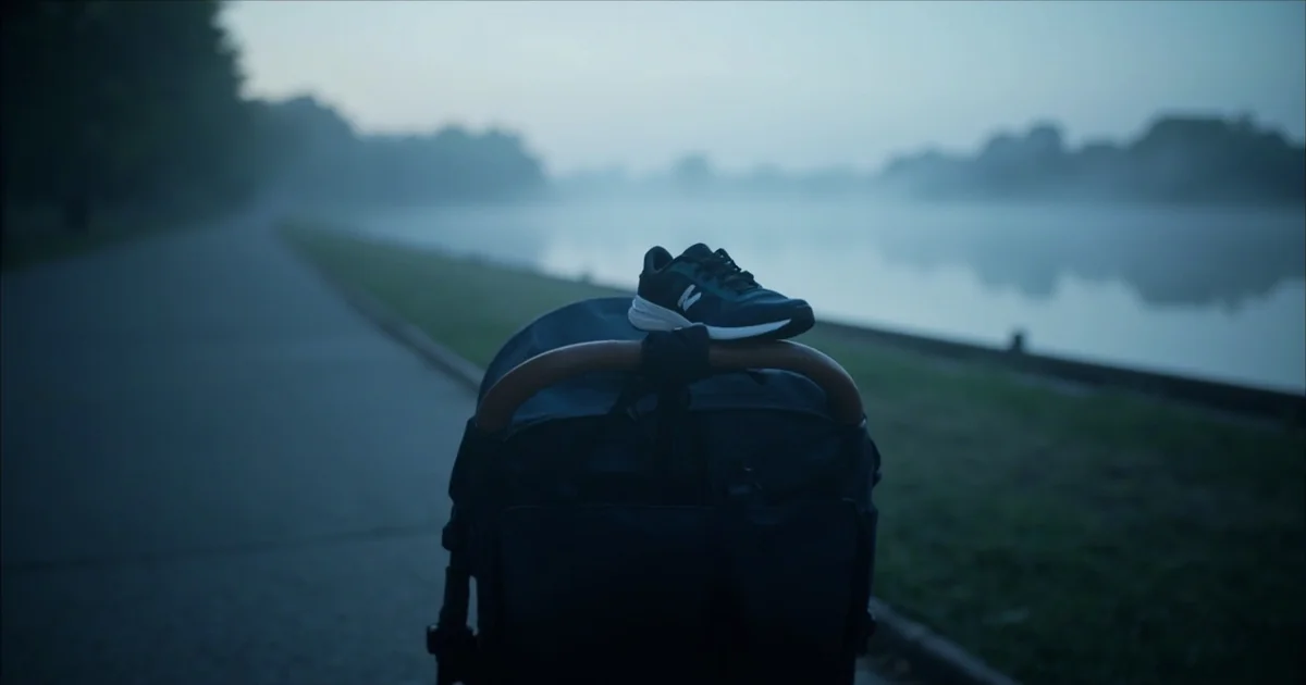 Empty jogging stroller on misty Fairmount Park path before sunrise, shoe hanging from handlebar.