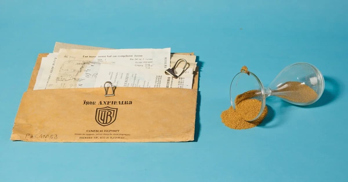 Permit envelope and faded compliance forms with an hourglass spilling amber sand.