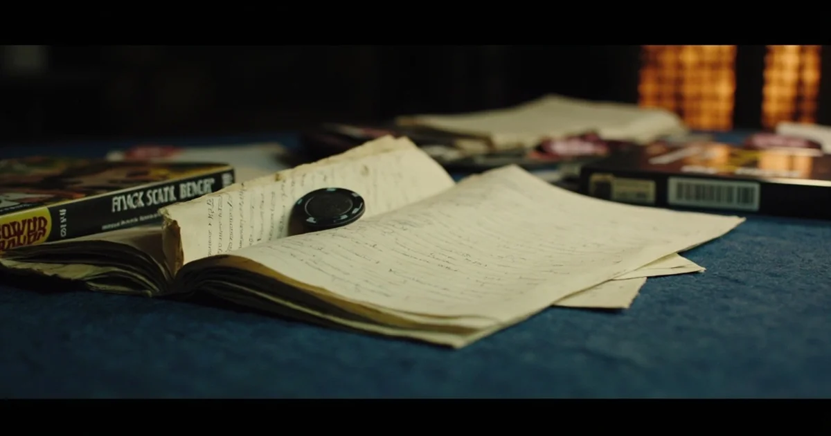 Worn poker table edge with a paperback book, anime DVD case, and handwritten notebook.