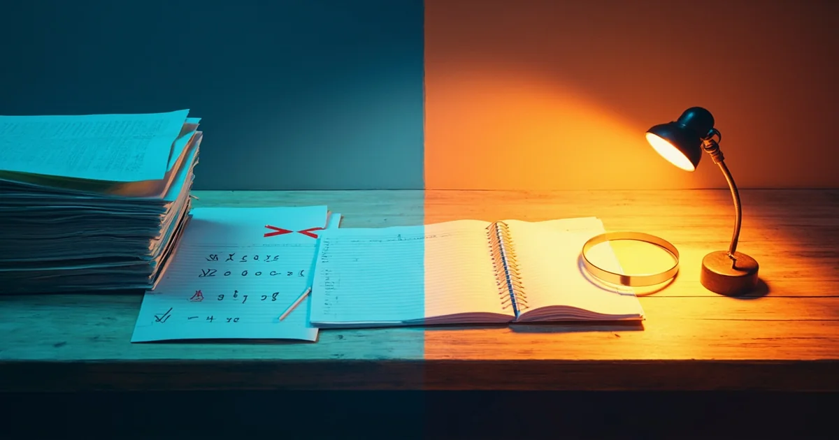 Wooden table split between a red-marked rule checklist and an open notebook with magnifying glass, contrasting old and new approaches.
