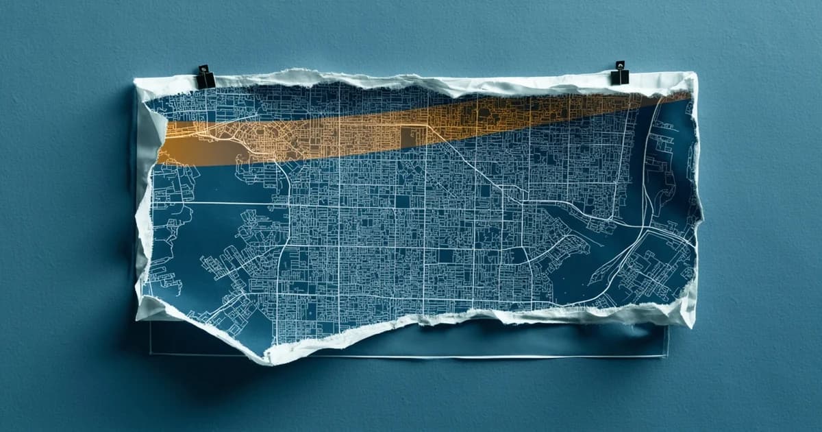 Torn paper blueprint peeling back to reveal a satellite city map, symbolizing a paradigm shift beyond incremental change.