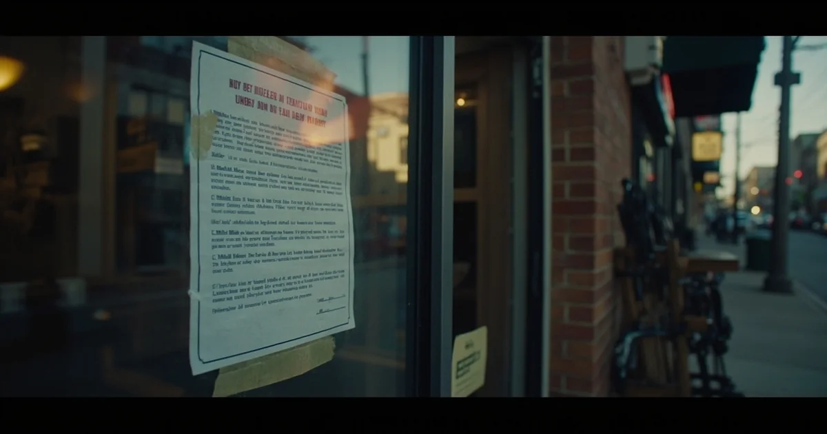 Storefront window notice banning bow sales under 21, beside a wooden rack holding a youth-sized crossbow and arrows.
