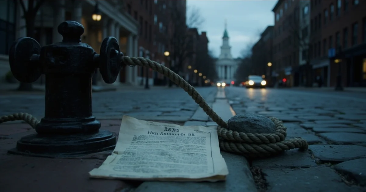 Empty cobblestone street with a rusted carriage hitch post, coiled lead rope, and a folded ordinance page on the curb.