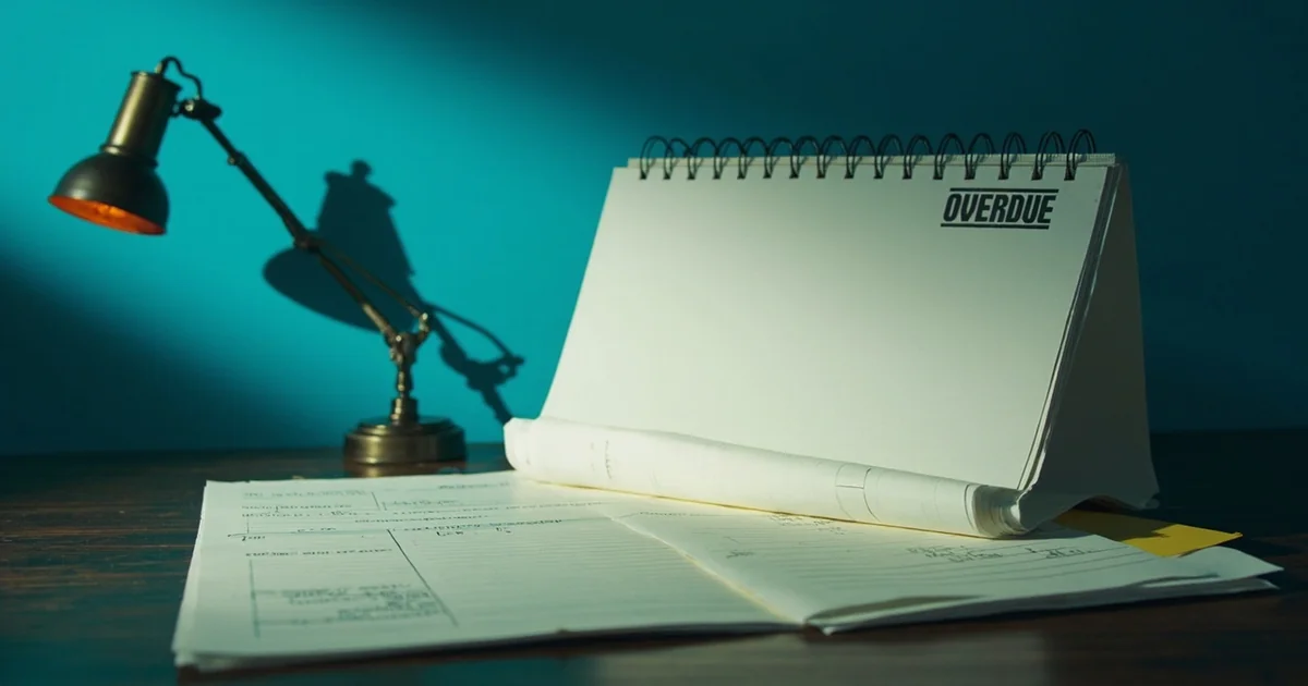 Cascading flip calendar pages beside an overdue invoice and a banker lamp on a small office desk.