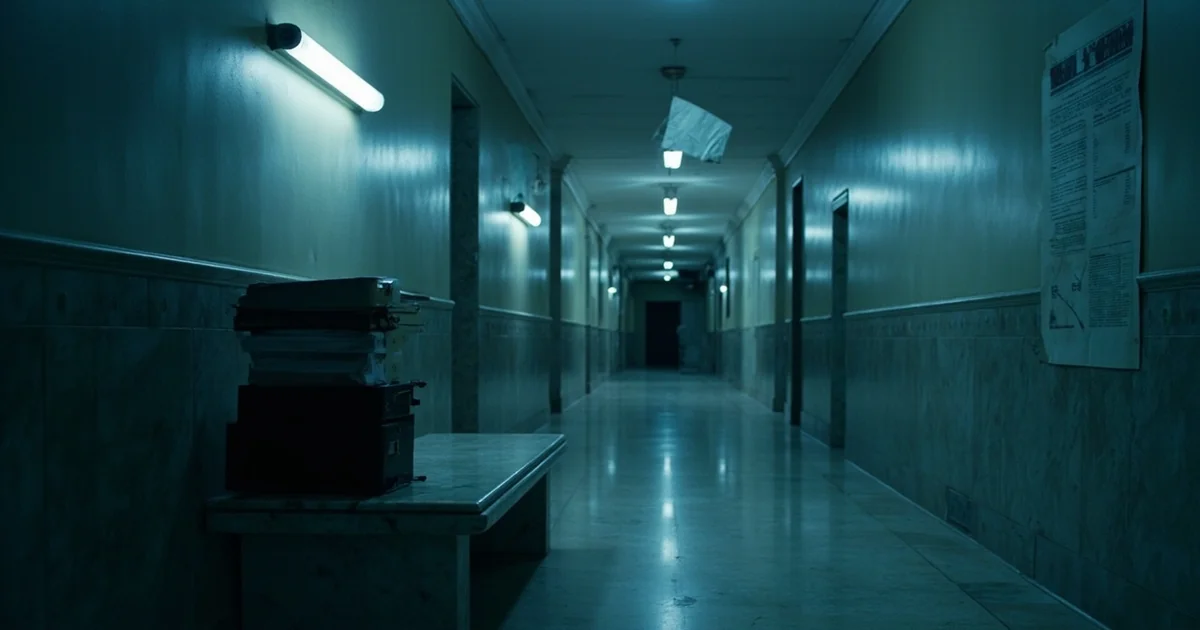 Abandoned City Hall corridor with a stack of unopened audit binders on a marble bench beneath a broken fluorescent tube.