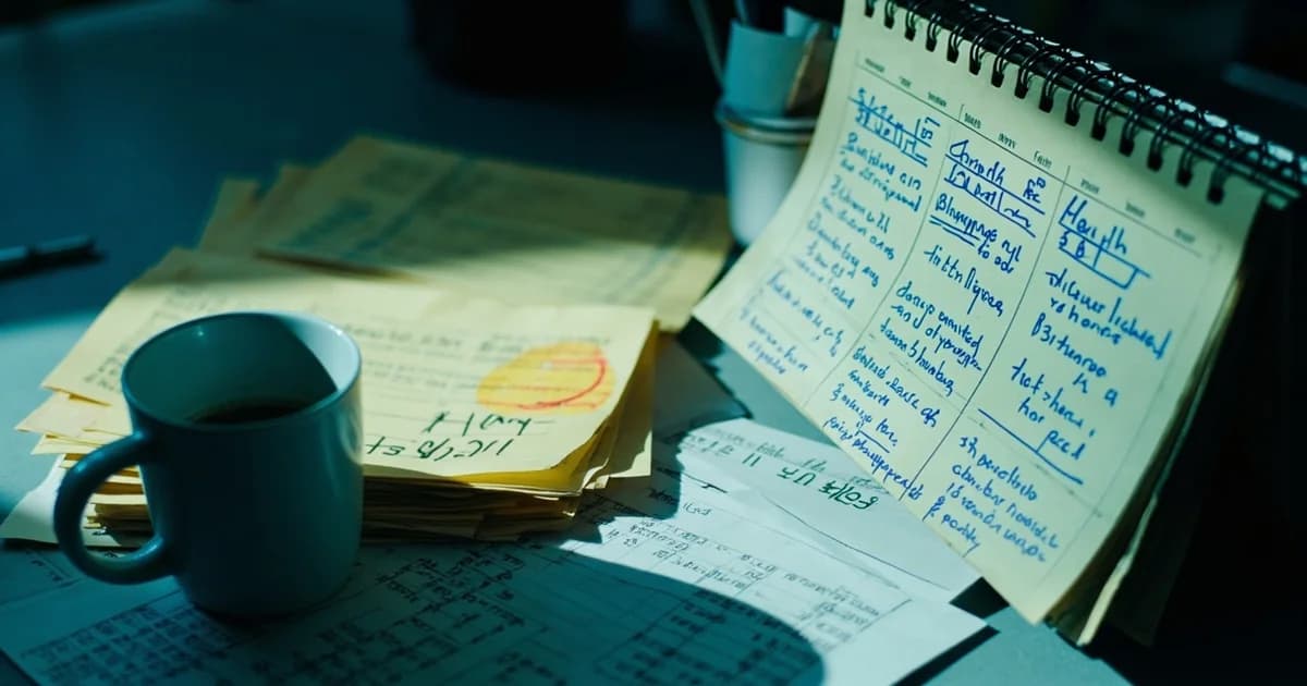 Overwritten weekly calendar grid, half-empty coffee mug, and handwritten cost calculations on legal paper.