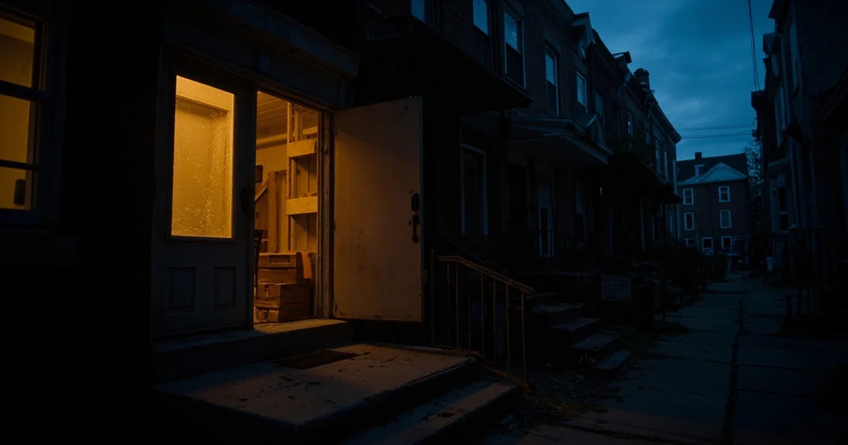 Empty Philadelphia row house interior at dusk with packing crates and an open front door glowing faintly amber.