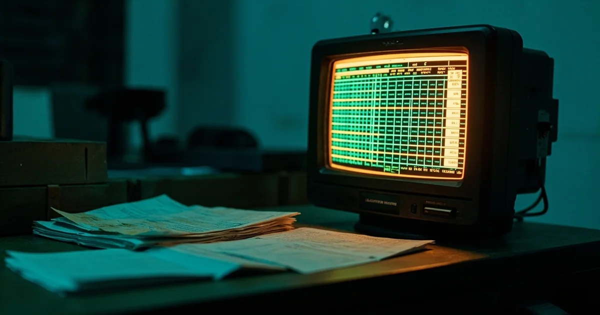 Vintage CRT monitor showing a green spreadsheet beside a thick printed budget binder on a desk.