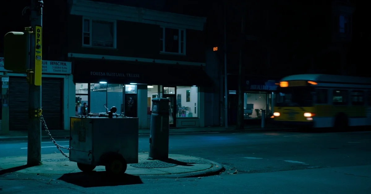 Chained food cart on a dark Philadelphia street corner under a single streetlamp at night.
